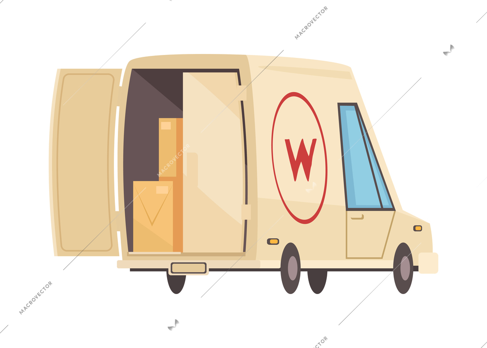 Delivery composition with isolated image of shipping van with open door and parcels vector illustration