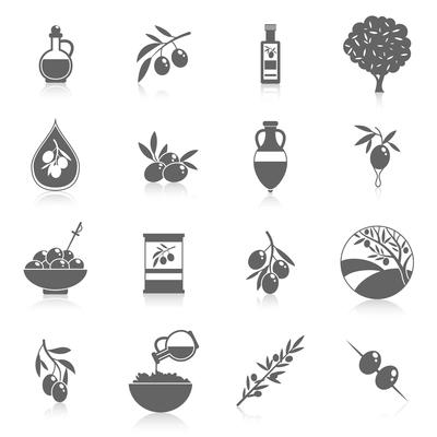 Olives black icons set with tree oil branch leaf isolated vector illustration