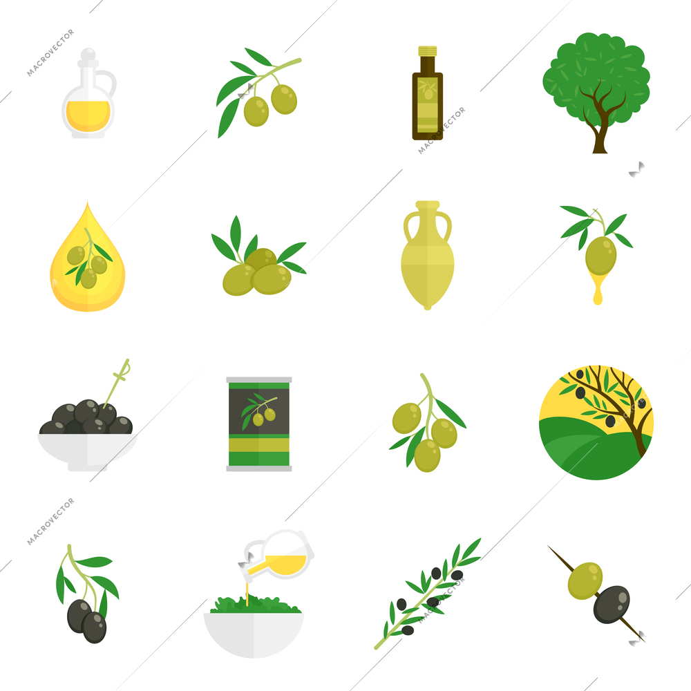 Olives flat icons set with tree oil branch leaf isolated vector illustration