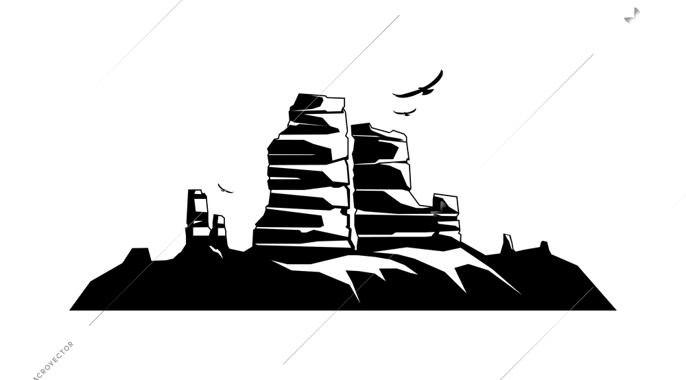 Mountains rocks landscapes monochrome composition with flat isolated view of nature landmark vector illustration