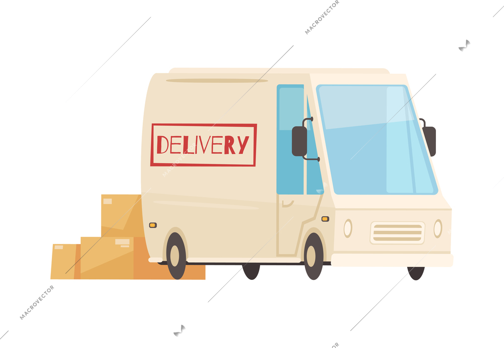 Delivery composition with isolated image of shipping van with open door and parcels vector illustration