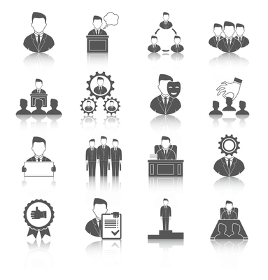 Executive employee people management leadership and teamwork black icons set isolated vector illustration