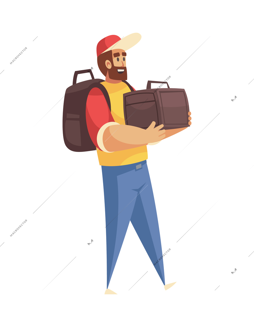 Delivery composition with isolated doodle style human character of service worker with bags vector illustration