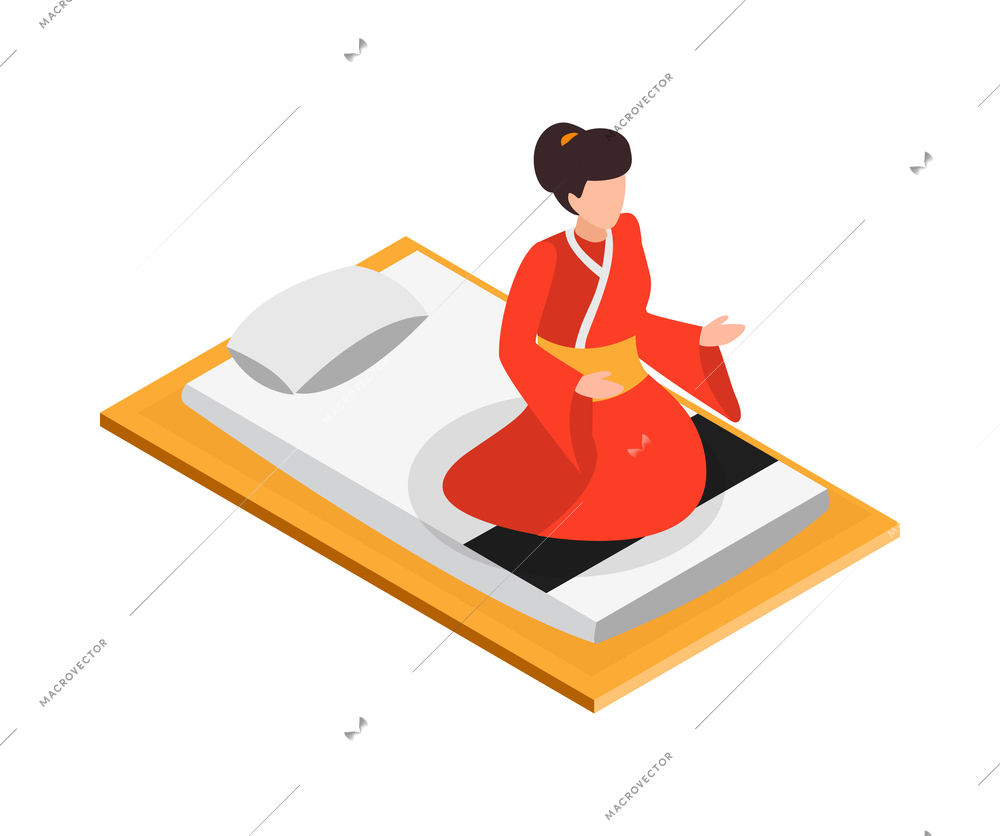 Isometric japan composition with isolated human character of traditional japanese woman sitting on bed vector illustration
