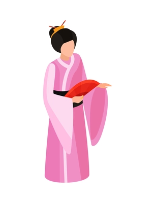 Isometric japan composition with isolated human character of traditional japanese woman vector illustration