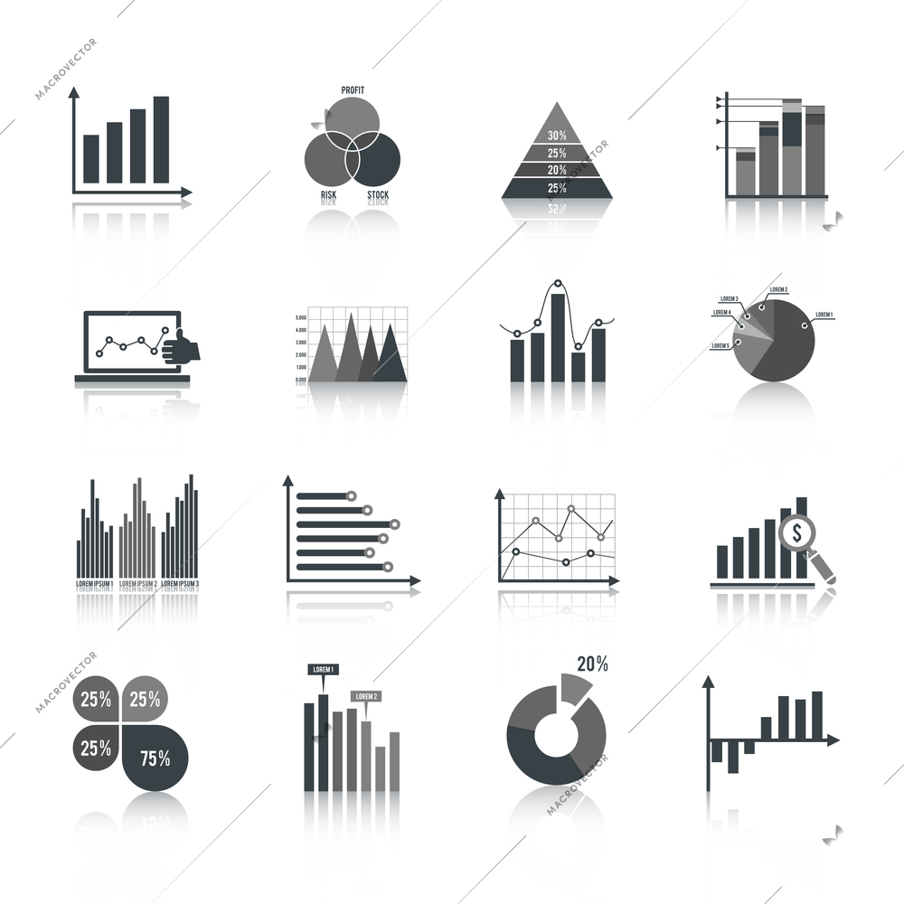 Business elements dot bar pie charts diagrams and graphs black icons set isolated vector illustration