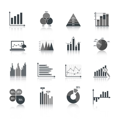 Business elements dot bar pie charts diagrams and graphs black icons set isolated vector illustration