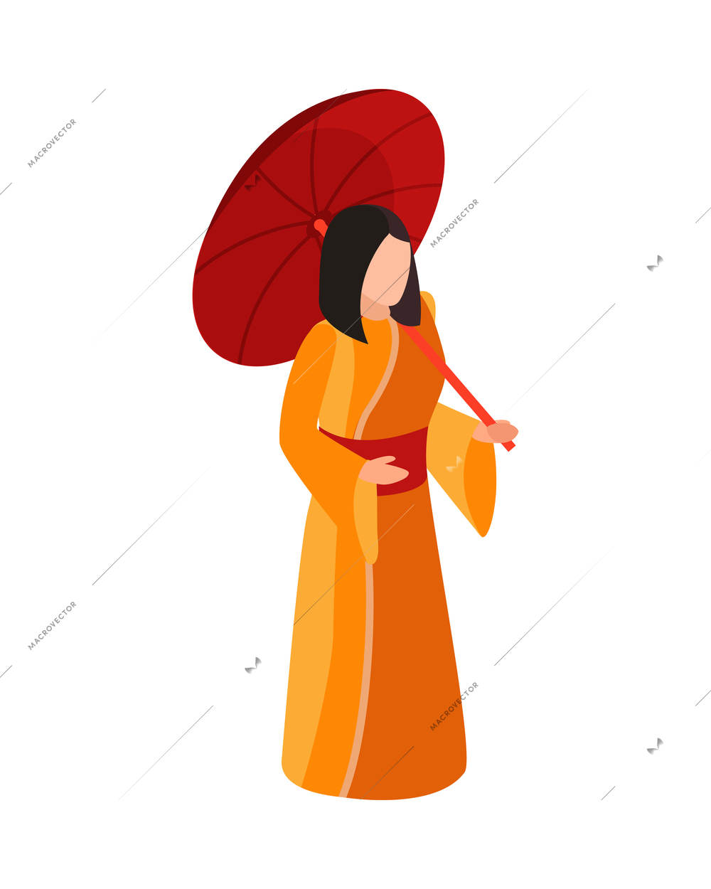 Isometric japan composition with isolated human character of traditional japanese woman holding umbrella vector illustration