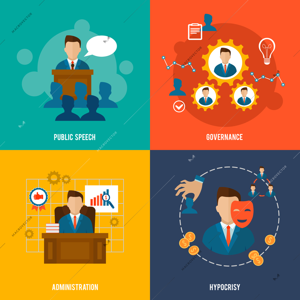 Executive flat icons set with public speech governance administration hypocrisy isolated vector illustration.