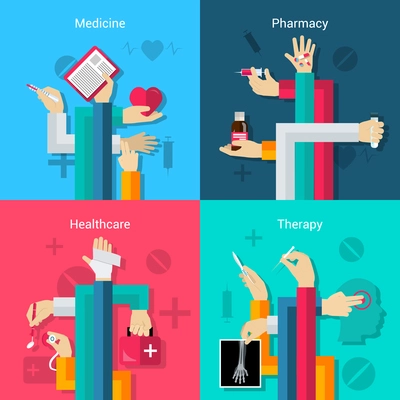 Medical hands flat icons set with medicine pharmacy healthcare therapy elements isolated vector illustration