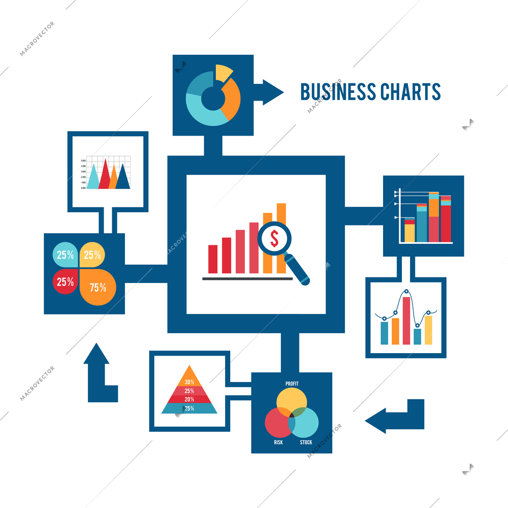 Business strategy and statistic charts graphs and diagrams flat decorative icons set vector illustration