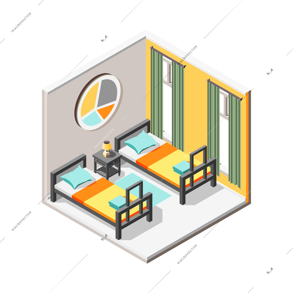 Hostel isometric composition with isolated view of indoor interior on blank background vector illustration