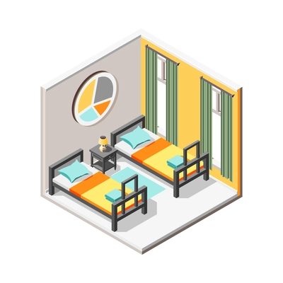 Hostel isometric composition with isolated view of indoor interior on blank background vector illustration