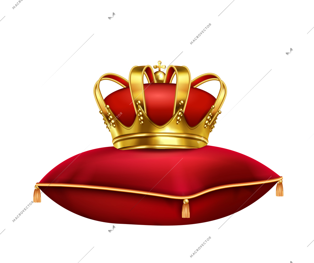 Crown on pillow realistic composition with isolated image of red pillow and golden crown on blank background vector illustration