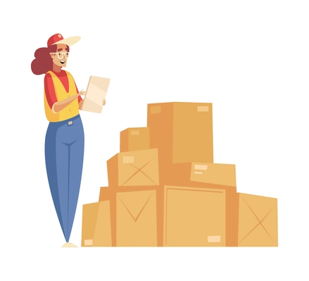 Delivery composition with isolated doodle style human character of service worker with parcels vector illustration