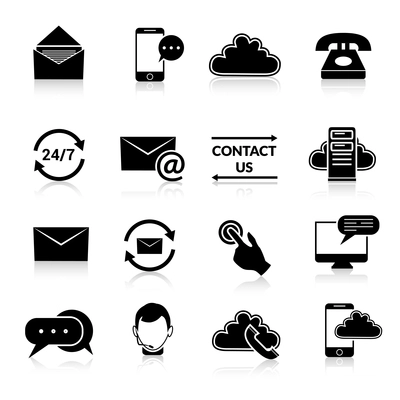 Contact us phone customer service user support call black and white icons set isolated vector illustration