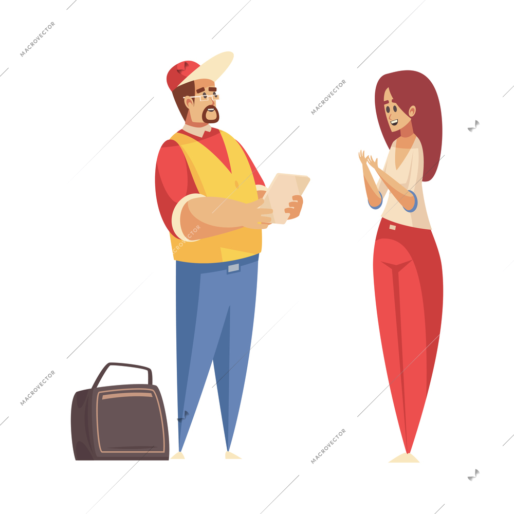 Delivery composition with isolated doodle style human characters of service worker with client vector illustration