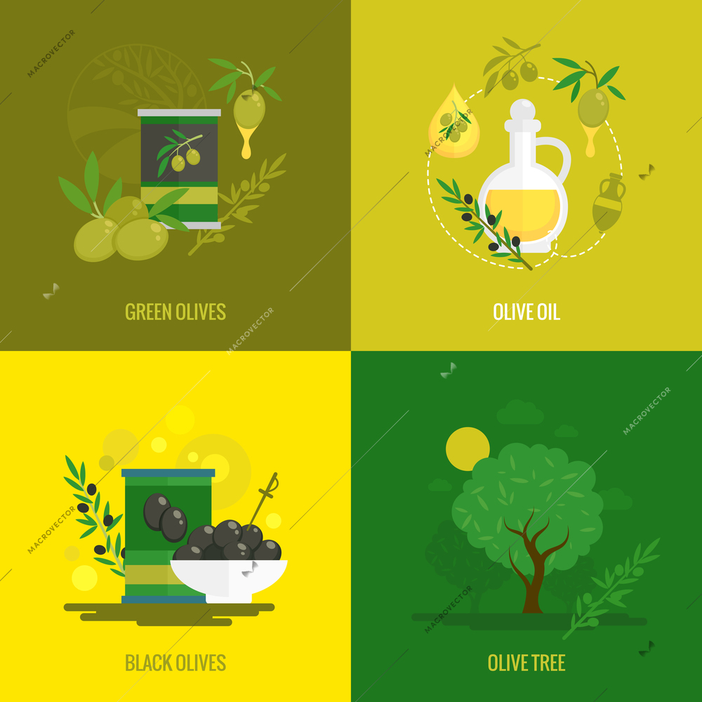 Olives flat icon set with green black oil and tree set isolated vector illustration