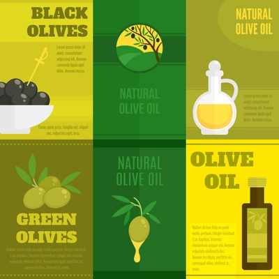 Natural organic green and black olive oil mini posters set isolated vector illustration