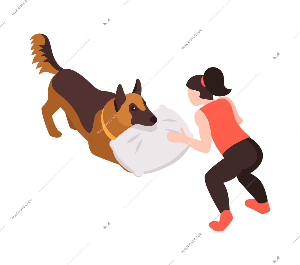 Isometric one day dog man owner composition with isolated image of puppy with human character vector illustration