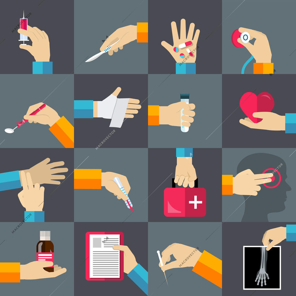 Medical hands with thermometer medicine syringe flat icons set isolated vector illustration