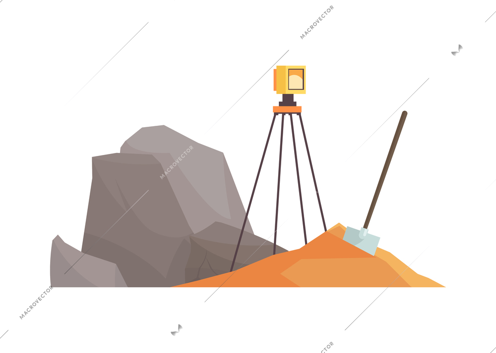 Geologist composition of isolated flat ground scenery with equipment and stone rocks vector illustration