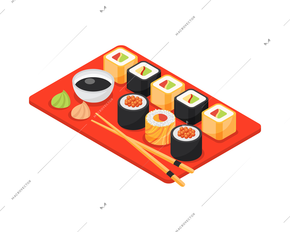 Isometric japan composition with isolated view of traditional japanese food tray vector illustration
