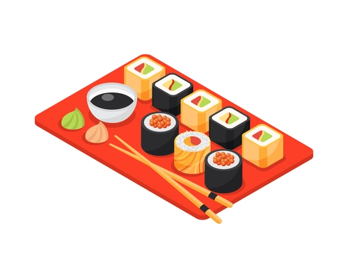 Isometric japan composition with isolated view of traditional japanese food tray vector illustration