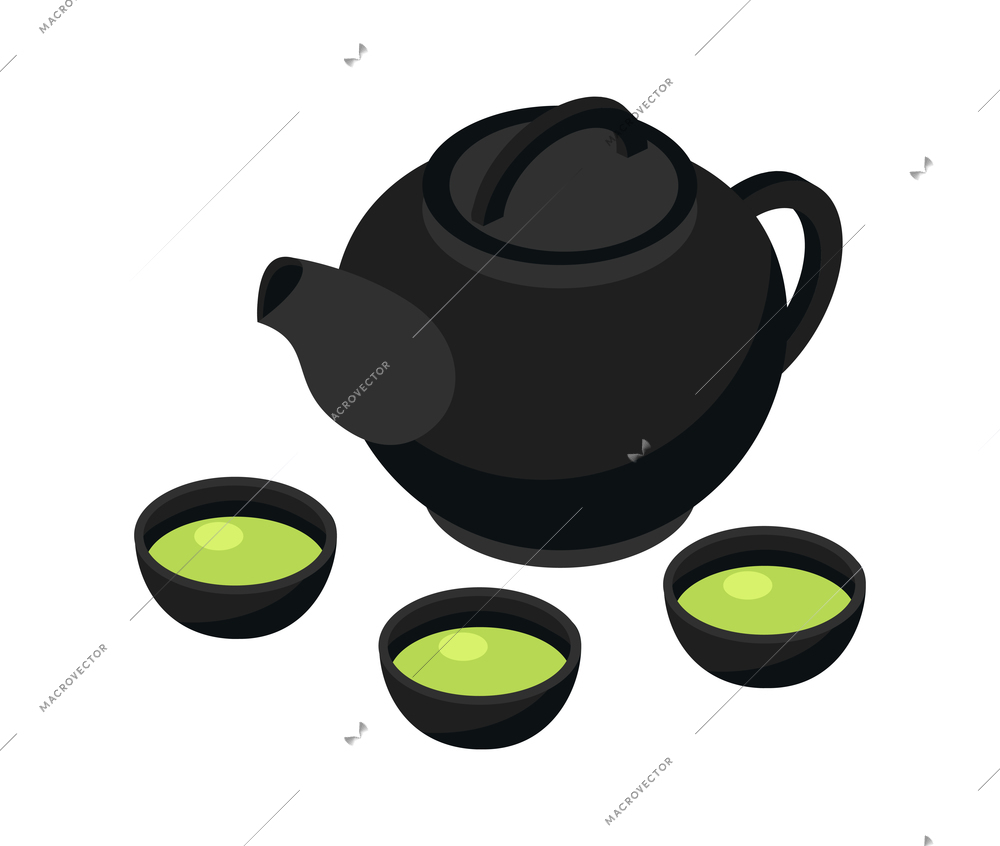 Isometric japan composition with isolated images of teapot and cups vector illustration