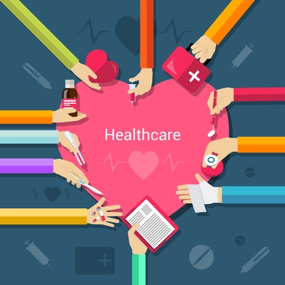 Healthcare concept with hands holding medical and pharmacy elements and heart in the middle flat vector illustration