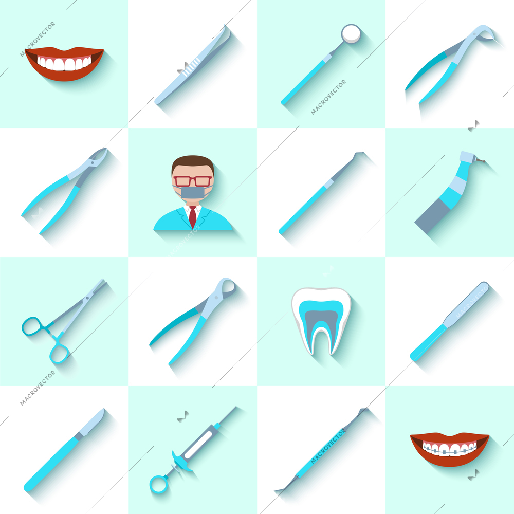 Dental instruments icons set with health care clinic equipment and instruments isolated vector illustration