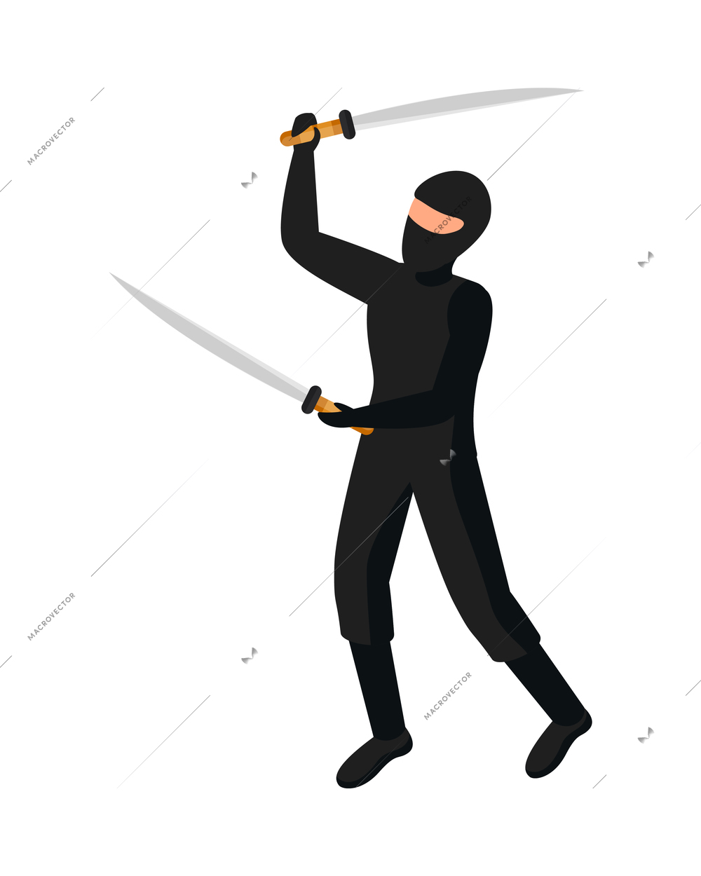 Isometric japan composition with isolated human character of ninja with swords vector illustration