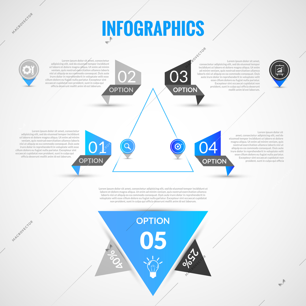 Abstract paper infographics layout template with blue option bookmarks and business elements vector illustration
