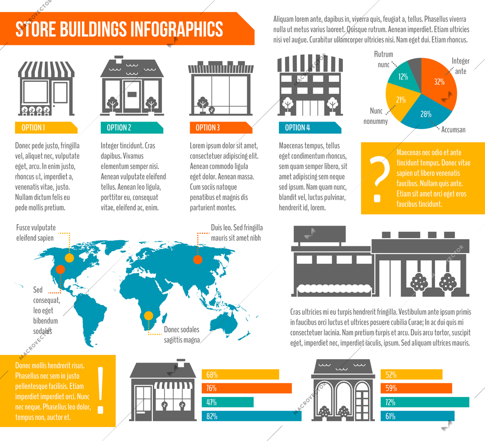 Store shop business buildings infographics set with world map and chart templates vector illustration