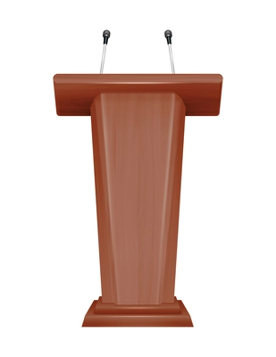 Tribune realistic composition with microphones for briefing conference or lecture isolated vector illustration