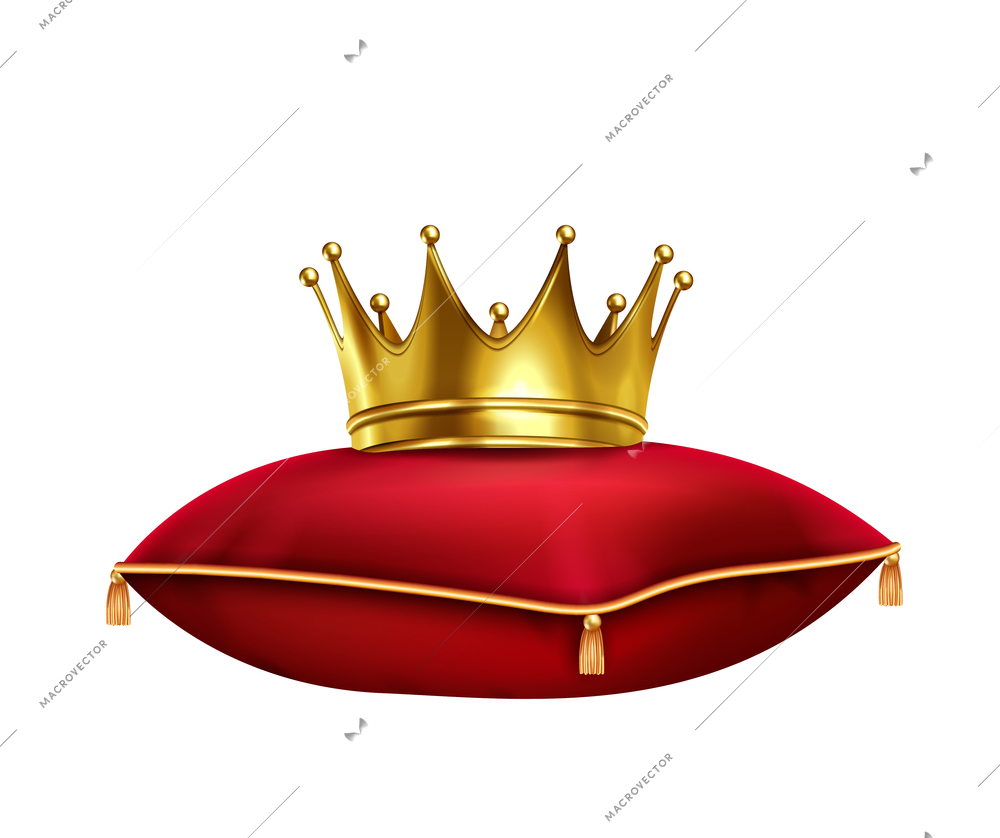 Crown on pillow realistic composition with isolated image of red pillow and golden crown on blank background vector illustration