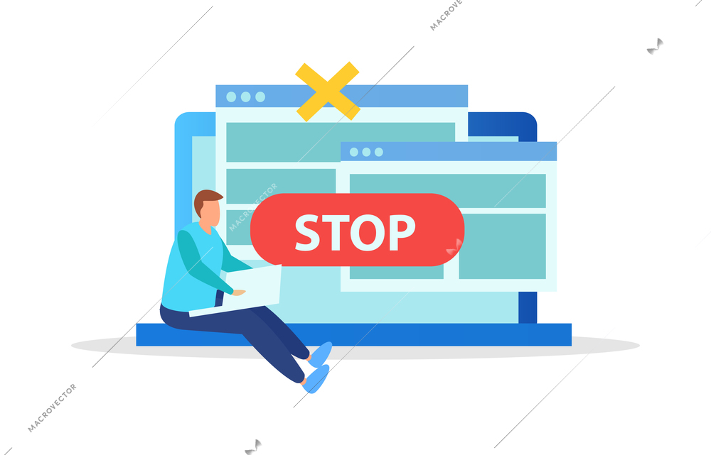 Internet blocking flat composition with isolated ban signs messages and computer windows with people vector illustration