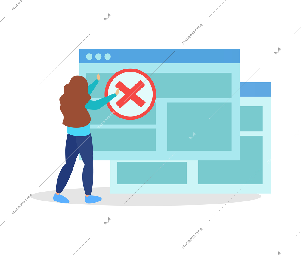 Internet blocking flat composition with isolated ban signs messages and computer windows with people vector illustration