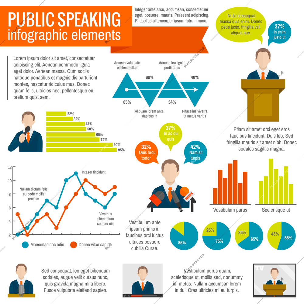 Public speaking presentation seminar conference broadcast infographic elements set vector illustration