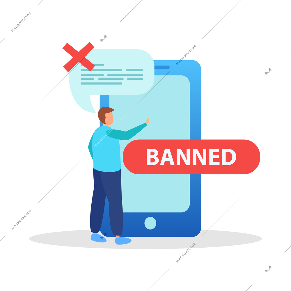 Internet blocking flat composition with isolated ban signs messages and computer windows with people vector illustration