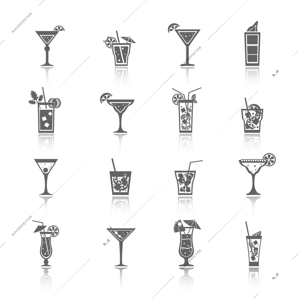 Alcohol cocktails icons black set with blue lagoon manhattan tequila sunrise isolated vector illustration.