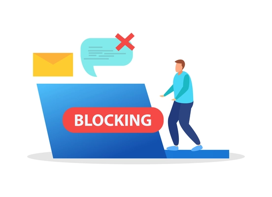 Internet blocking flat composition with isolated ban signs messages and computer windows with people vector illustration