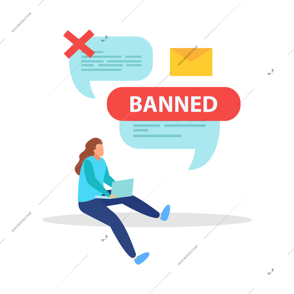 Internet blocking flat composition with isolated ban signs messages and computer windows with people vector illustration