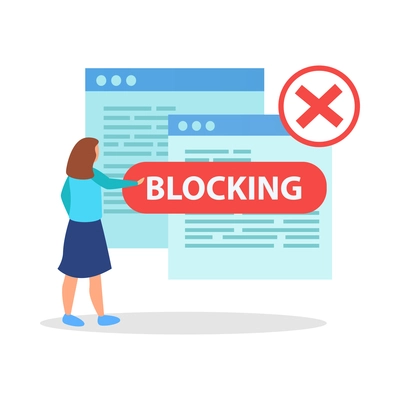 Internet blocking flat composition with isolated ban signs messages and computer windows with people vector illustration