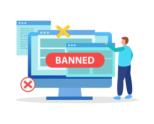 Internet blocking flat composition with isolated ban signs messages and computer windows with people vector illustration