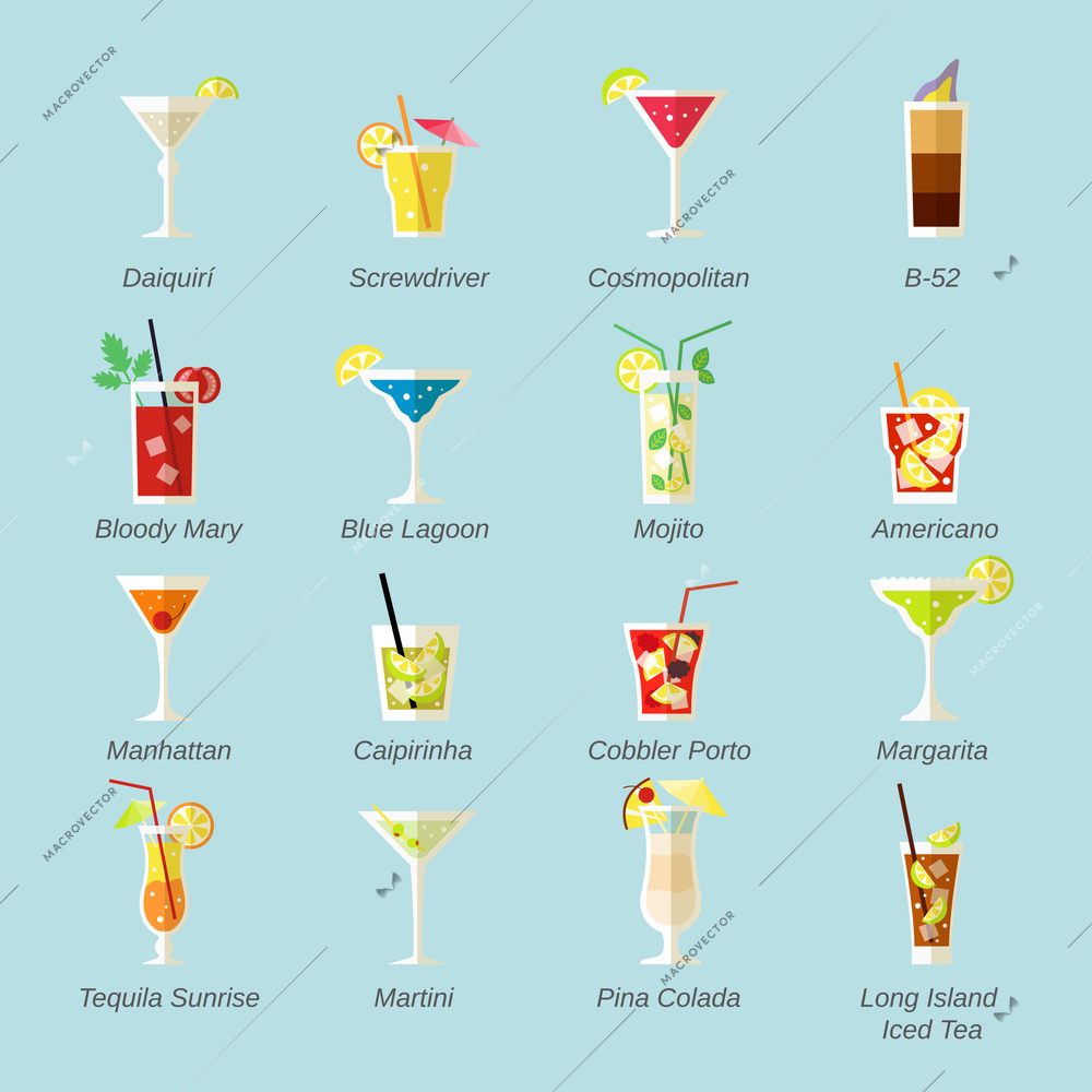 Alcohol cocktails icons flat set with daiquiri screwdriver cosmopolitan isolated vector illustration