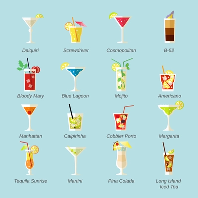 Alcohol cocktails icons flat set with daiquiri screwdriver cosmopolitan isolated vector illustration