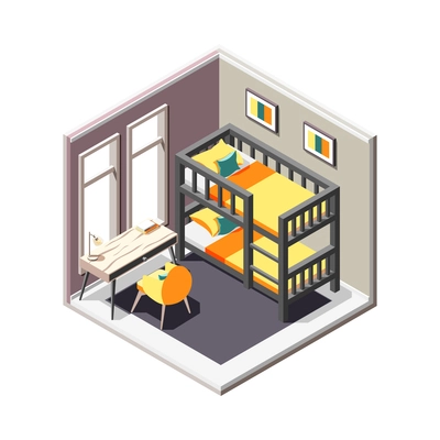 Hostel isometric composition with isolated view of indoor interior on blank background vector illustration