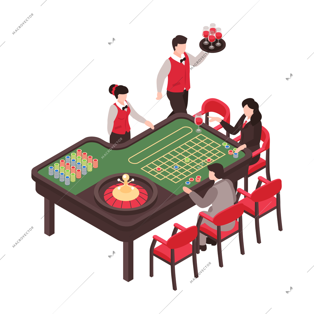 Isometric casino composition with isolated human characters at gaming table on blank background vector illustration
