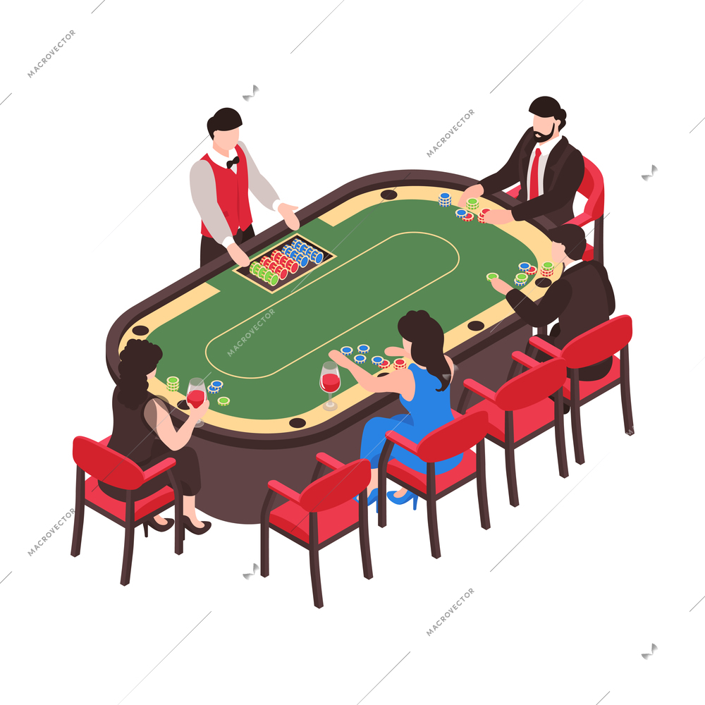 Isometric casino composition with isolated human characters at gaming table on blank background vector illustration